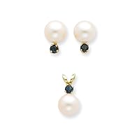14k Yellow Gold Post Earrings 7 7.5mm White Freshwater Cultured Pearl and Sapphire Stud Earrings And Pendant Necklace Jewelry Gifts for Women