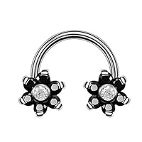 Body Jewelry - 1PC G23 Titanium Double Flower Crystal Horseshoe Rings Eyebrow Nose Piercing Earrings Tragus Rings Lip Piercings Fashion Jewelry - (Metal: Black, Main Stone: 1.2x10x6.6x6.6mm)