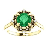 Vintage Inspired Emerald Round Engagement Ring 14k Yellow Gold, 1.5 CT Victorian Natural Emerald Ring, Antique Green Emerald Diamond Ring, Anniversary Propose Gift