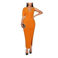 AOMEI Women's Orange Deep V Neck Irregular Sleeve Bodycon Slit Maxi Dress