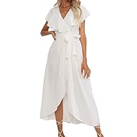 Fashion Ruffled V-Neck Slim Long Dress Summer Beach Casual Streetwear Style (as1, Alpha, m, Regular, Regular, White)