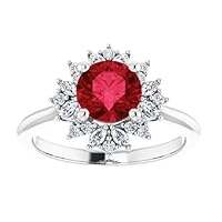 1 CT Star Burst Ruby Ring 14k White Gold, Halo Red Ruby Ring, Flower Ruby Engagement Ring, Snow Flake Ruby Diamond Ring, July Birthstone Rings