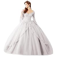 Women's Long Sleeve Lace Applique Quinceanera Dress V Neck Sweet 16 Ball Gowns