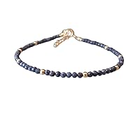 Natural Blue Sapphire 3mm Round Shape Faceted Cut Gemstone Beads 7 Inch Adjustable Gold Plated Clasp Bracelet For Men, Women. Natural Gemstone Link Bracelet. | Lcbr_01644