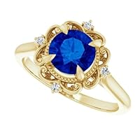 14K Yellow Gold 1 CT Round Blue Sapphire Ring Engagement Ring Filigree Sapphire Ring Gemstone Ring Anniversary Promise Ring Jewelry