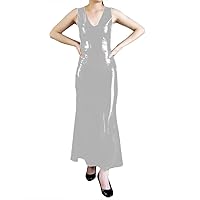 Summer Sexy V-Neck Slim Fit PVC Shiny Dress Women Sleeveless Tight Long Flared Dress