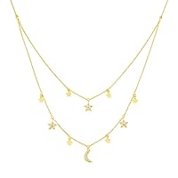 14k Yellow Gold 20 Diamond .10tcw Double Strand Dangle Star And Celestial Moon 18 Inch Jewelry for Women