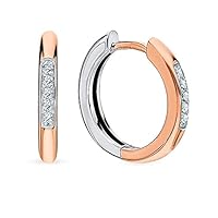 Rose Gold Plated 925 Silver 0.12 ct (J-K Color, I1-I2 Clarity) Tiny huggie hoop earrings with diamonds, dainty two tone Pavé setting hoops earring.