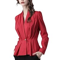 Office Ladies Red Blouse Pleated Cotton Peplum Top Long Sleeve V-Neck Slim Waist Temperament Women Autumn Shirts