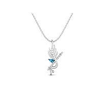 MOONEYE KRISHNA FLUTE LEAF 925 Sterling Silver Hindu Religious Designer Necklace Pendant Men Women 5x3mm Pear Swiss Blue Topaz Gemstone
