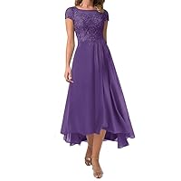 Mother of The Bride Dresses for Wedding Lace Appliques Cap Sleeves Mother of The Groom Dresses Tea Length