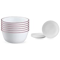 Corelle,Glass 28oz Red Band Bowl 6pk & Vitrelle 6-Piece Salad Plates Set, Triple Layer Glass and Chip Resistant, 8-1/2-Inch Lightweight Round Plates, Winter Frost White
