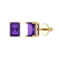 0.9ct Emerald Cut Solitaire Natural Amethyst Unisex Designer Stud Earrings 14k Yellow Gold Screw Back conflict free Jewelry