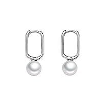 Pearl Dangle Sterling Silver Rectangle Small Hoop Earrings for Women Girls Imitation 6mm White Pearl Minimalist Geometrical Huggie Hoops Wedding Party Jewelry