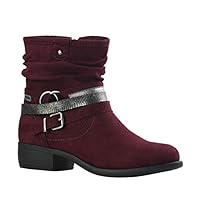 Women's Vegan Slouch Suede Mid Calf Boots with Buckle Straps Ankle Booties Side Zipper SE01