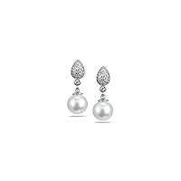 0.50 Cts Diamond & 10 mm Akoya Cultured Pearl Dangle Earrings in 14K White Gold
