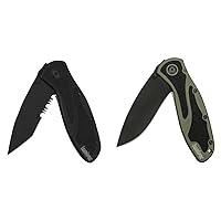 Kershaw Blur Tanto Black Serrated Pocket Knife ; 3.4 inch Cerakote Finish Blade, Sandvik 14C28N Steel & Blur, Olive/Black Pocket Knife ; 3.4” Black Cerakote Coated 14C28N Steel Blade