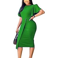 Womens Elegant Bodycon Business Pencil Dresses Ruffle Sleeve Solid Color Work Party Dress Casual Summer Dress