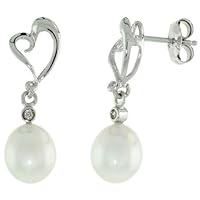 10k White Gold Heart Cut Out & Pearl Earrings, w/Brilliant Cut Diamonds, 1 in. (25mm) tall