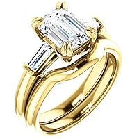 10K Solid Yellow Gold Handmade Engagement Ring 3 CT Emerald Cut Moissanite Diamond Solitaire Wedding/Bridal Ring for Women/Her Wedding Ring Set
