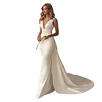Women Mermaid Satin Wedding Dresses Train Bridal V Neck Backless Evening Gown with Big Bow