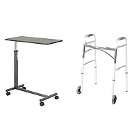 Drive Medical 13067 Adjustable Non Tilt Top Overbed Table with Wheels for Hospital & 10210-1 2-Button Folding Walker with Wheels, Rolling Walker, Front Wheel Walker