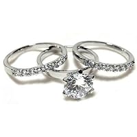 DESTINY JEWEL 3.10Ct Round Cut Diamond Solitaire Bridal Engagement And Wedding Trio Ring Set. Solid 925 Silver 14K White Gold Over Trio Ring Set.