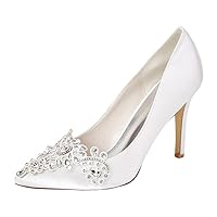 Womens Rhinestones High Heels Small Heel Wedding Pumps 9.5CM Pointed Toe Work Job Bride Dress Fashion Slip On Court Shoes