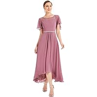 Scoop Neck high-Low Bridesmaid Dresses Chiffon Short Sleeve Evening Gown for Women Prom Dress