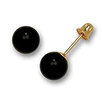 Jewelryweb Solid 14K Yellow Gold Simulated Black Onyx Ball Stud Screw-back Earrings (6 sizes)