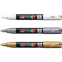 Posca PC-1M Paint Art Marker Pens - Fabric Glass Metal Pen - Set of White + Gold + Silver (1 of Each)
