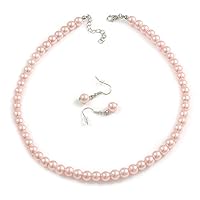 Avalaya Pastel Pink Glass Bead Necklace and Drop Earring Set In Silver Metal/ 8mm/ 40cm L/ 4cm Ext
