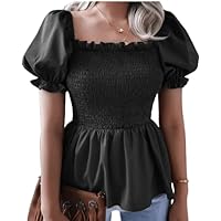 Elegant and Versatile: Women's Square Neck Puff Sleeve Chiffon Blouse and Solid Color Balloon Sleeve Hem Ruffle Shirt Top