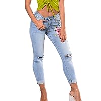 Andongnywell Women Flower Embroidered Ripped Jeans Rose Embroidered High Waist Denim Pants Sexy Stretch Skinny Jeans