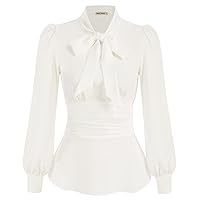 GRACE KARIN Women's Office Bow Tie Blouse Puff Sleeve Peplum Dressy Shirt Smocked Waist