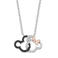 Enchanted Mickey Mouse & Minnie Mouse Face Interlocking Pendant Two-Tone 925 Silver Pendant Necklace Black and White Diamond Pendant