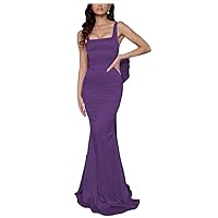 Satin Square Neck Mermaid Prom Dress with Bow Spaghetti Straps Elegant Formal Evening Party Gown