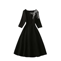 Luxury Diamonds Black Party Dress Women Elegant Designer Three Quarter Sleeve Aline Casual Spring Fashion New