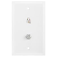 Cmple - Combo Phone/Video Jack Plate, Single Gang F-Type Coaxial TV Cable and 6P4C RJ11 Telephone Jack Wall Plate, White