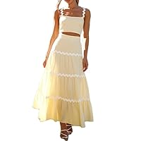 Summer Spaghetti Strap Sleeveless Long Dress for Women RIC Rac Maxi Dress Casual Tiered Swing A Line Sundress