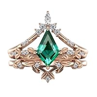 Filigree Kite Shaped 1.5 CT Emerald Engagement Ring Set 14k Gold Emerald 3 Piece Art Deco Wedding Ring Set Vintage Emerald Leaf Style Bridal Ring Set Anniversary Ring Set Promise Ring
