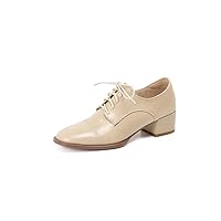 TinaCus Women's Genuine Leather Handmade Classic Square Toe Lace Up Low Stacked Heel Retro Oxford Pumps Shoes