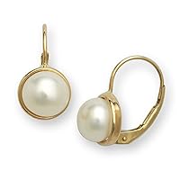 14ct Gold 8mm White F.W. Cultured Pearl Bezel-set Leverback Earrings (yellow-gold or white-gold)