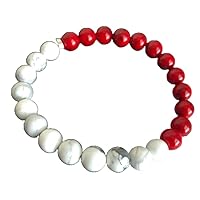 Natural Howlite And Red Jade 8mm rondelle smooth 7inch Semi-Precious Gemstones Beaded Bracelets for Men Women Healing Crystal Stretch Beaded Bracelet Unisex