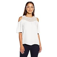 Women's Petite Size Solid Elbow Angel Sleeve Cold Shoulder Top with Shirring at Front and Back Yoke