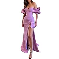 Sexy Off-Shoulder Mermaid Prom Dress Lavender Short Sleeve High Split Long Ladies Formal Evening Dress