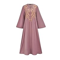 Womens Muslim Dress Turkish Indian Long Sleeve V Neck Embroidered Arabic Party Dress Robe