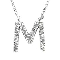 925 Sterling Silver Initial M Round Cut Prong Set 0.06 dwt Diamond Necklace