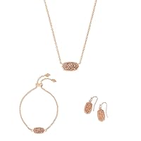 Kendra Scott Elisa Pendant Necklace, Lee Drop Earrings and Elaina Adjustable Chain Bracelet Bundle, Fashion Jewelry for Women, 14k Rose Gold-Plated, Rose Gold Drusy