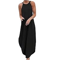Women's Beach Sleeveless Long Swing Round Neck Trendy Glamorous Dress Casual Loose-Fitting Summer Flowy Solid Color